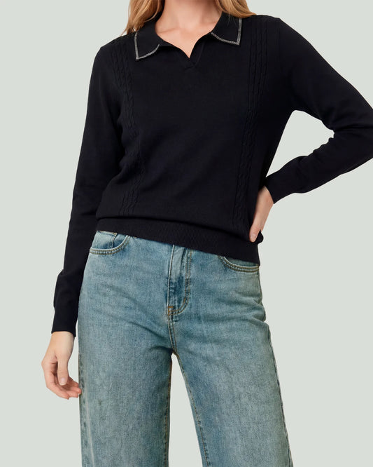 Sweater Mujer Luciana Relaxed Cuello En V Tipo Camisa Manga Caída Negro