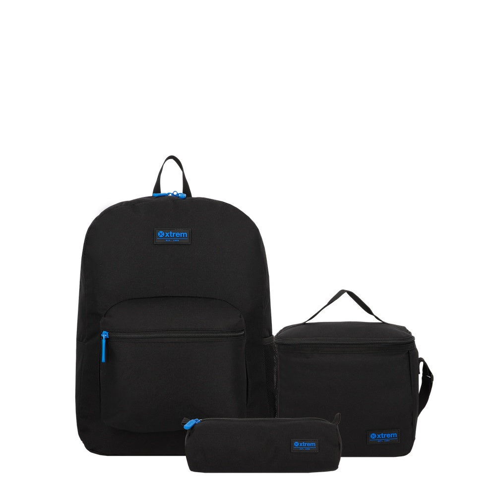 Mochila Triple Pack + Estuche + Lonchera Niño Negro-Azul