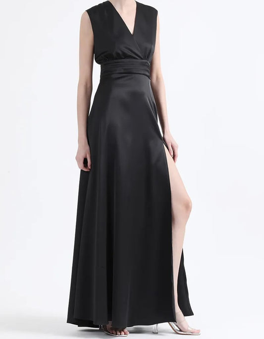 Vestido Mujer Maxi Alforzas, Satin, Negro