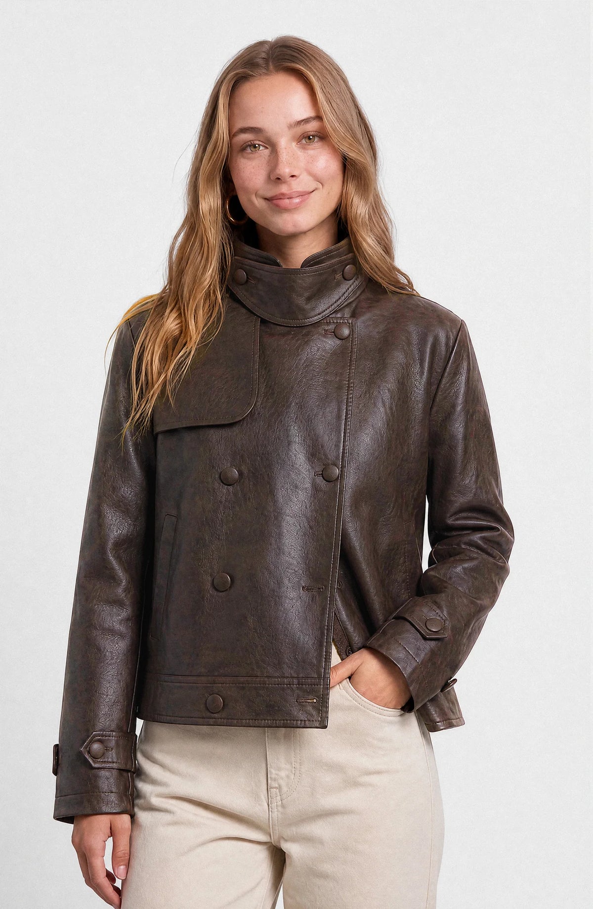 Chaqueta PU Mujer Cuello Funnel Brown