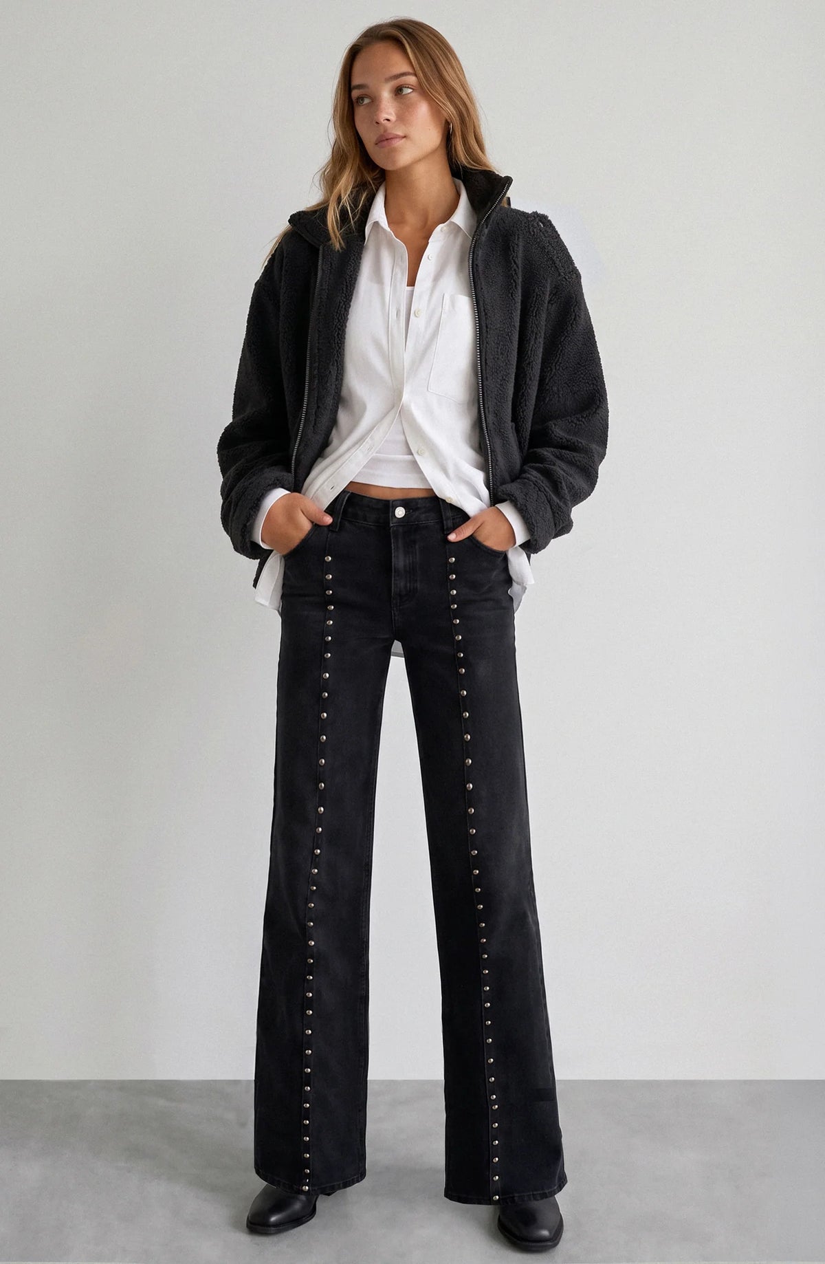 Pantalón Mujer Cortes Tachas Estrellas Grey