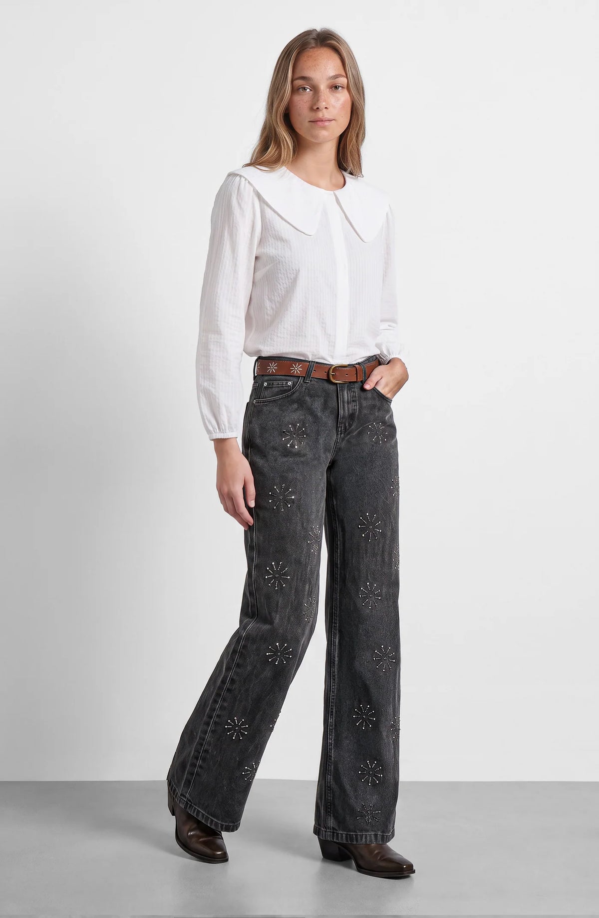 Pantalón Mujer Flores Brillos Grey
