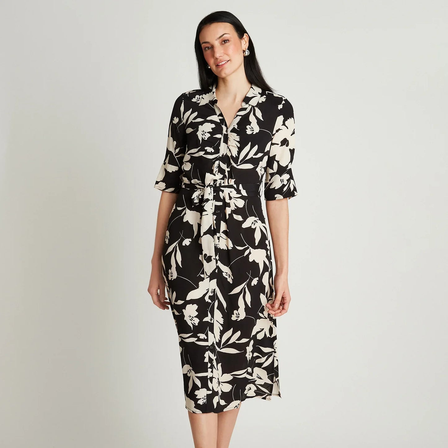 vestido-mujer-midi-negro-manga-codo-estampado-cuello-camisero