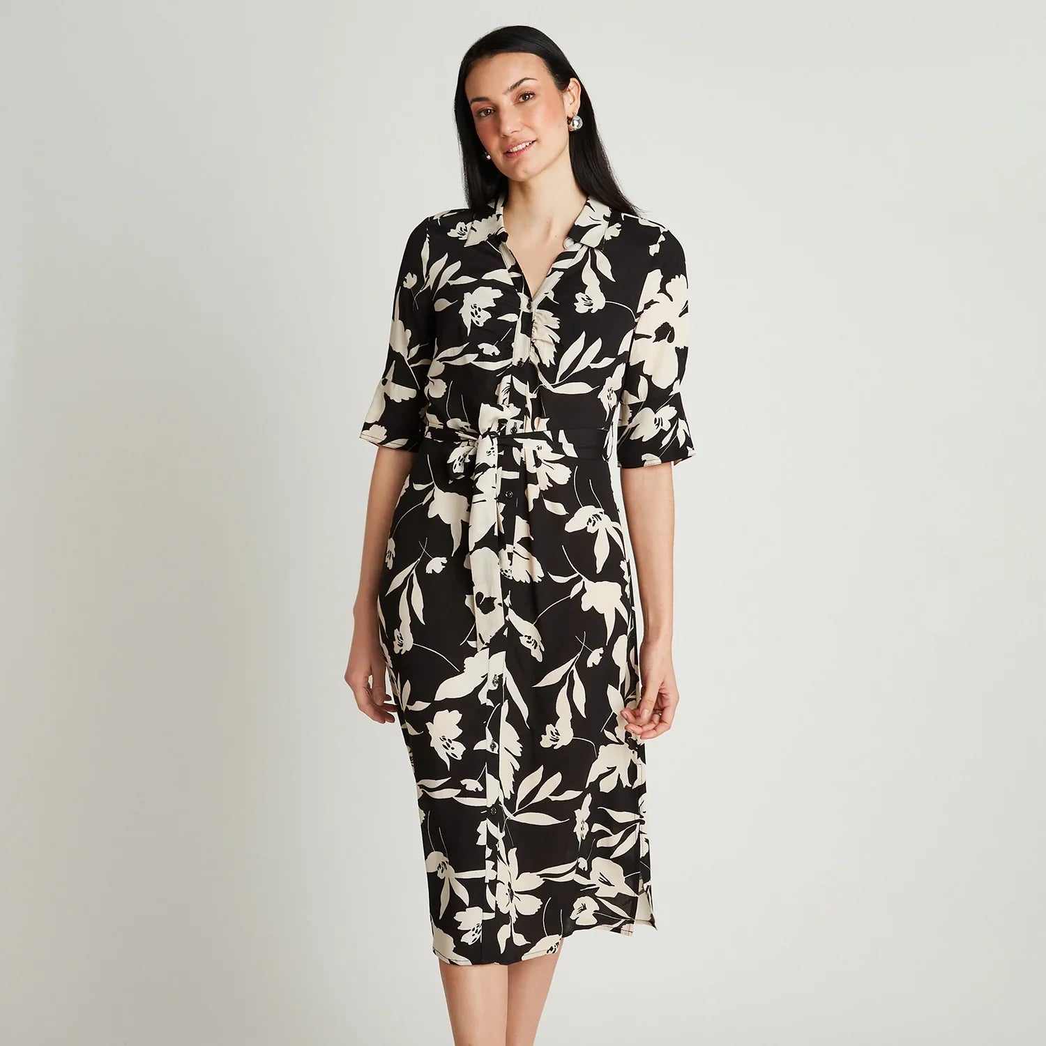vestido-mujer-midi-negro-manga-codo-estampado-cuello-camisero