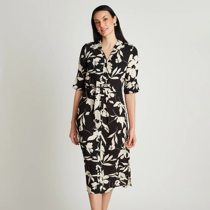 vestido-mujer-midi-negro-manga-codo-estampado-cuello-camisero