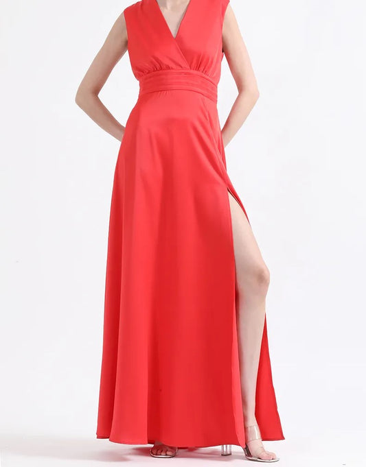 Vestido Mujer Maxi Alforzas, Satin, Rojo