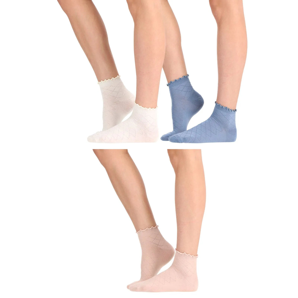 Tripack Calcetín Mujer Corto Algodón Azul Claro, Blanco & Beige Claro