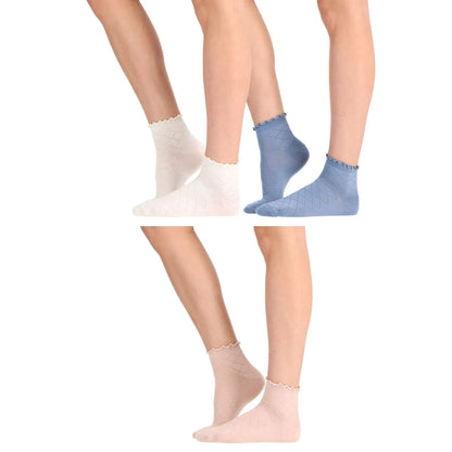 Tripack Calcetín Mujer Corto Algodón Azul Claro, Blanco & Beige Claro