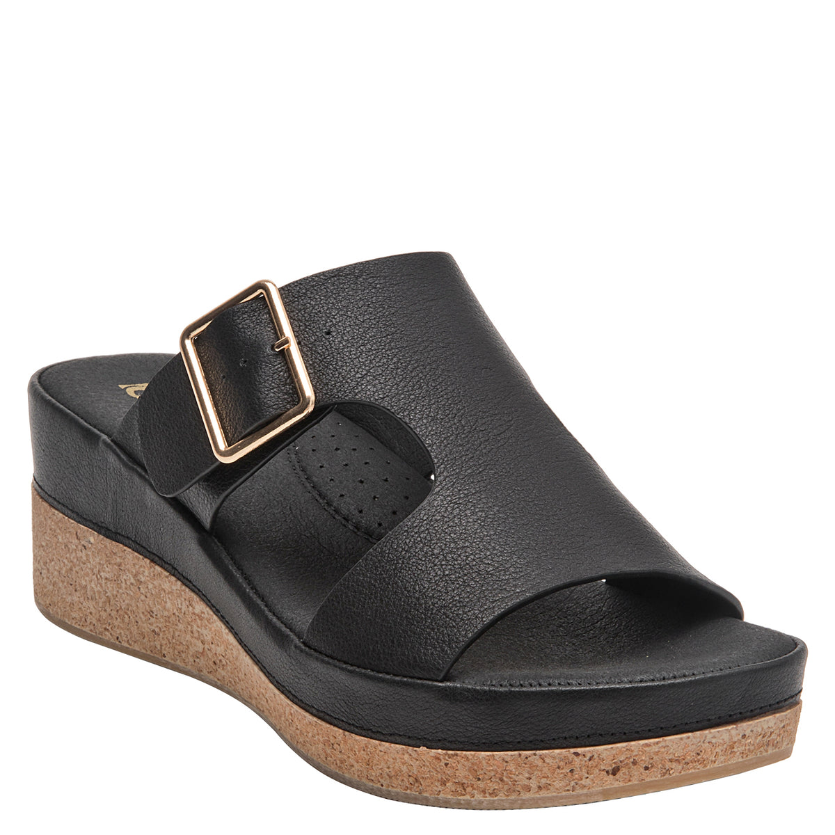 Sandalia Mujer Con Hebilla Dorada Cuero Negro