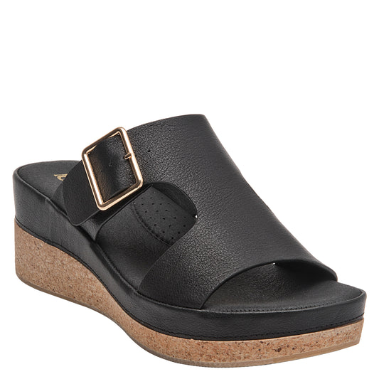 Sandalia Mujer Con Hebilla Dorada Cuero Negro
