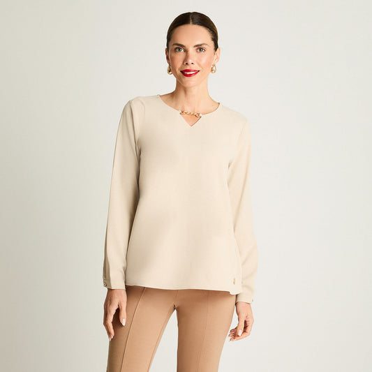 Blusa Mujer Manga Larga Con Aplicación En Escote