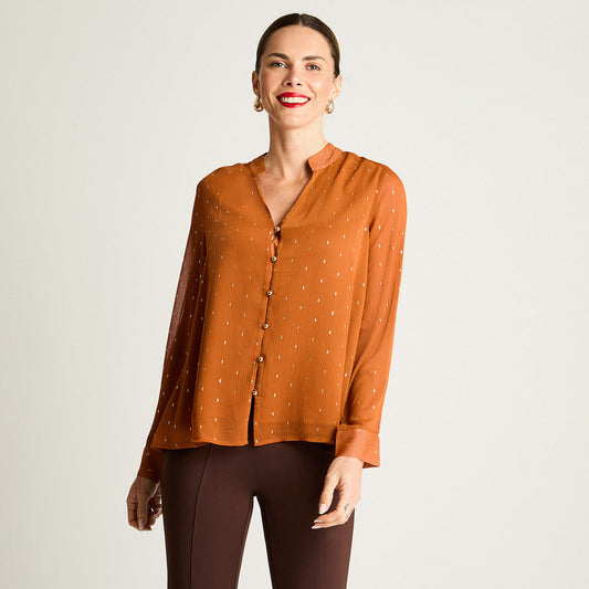 Blusa Mujer Manga Larga Escote Mao Tela Fantasia Terracota