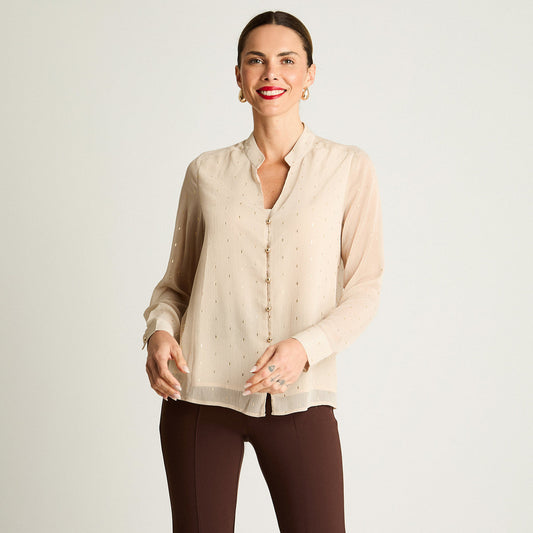 Blusa Mujer Manga Larga Escote Mao Tela Fantasia Beige