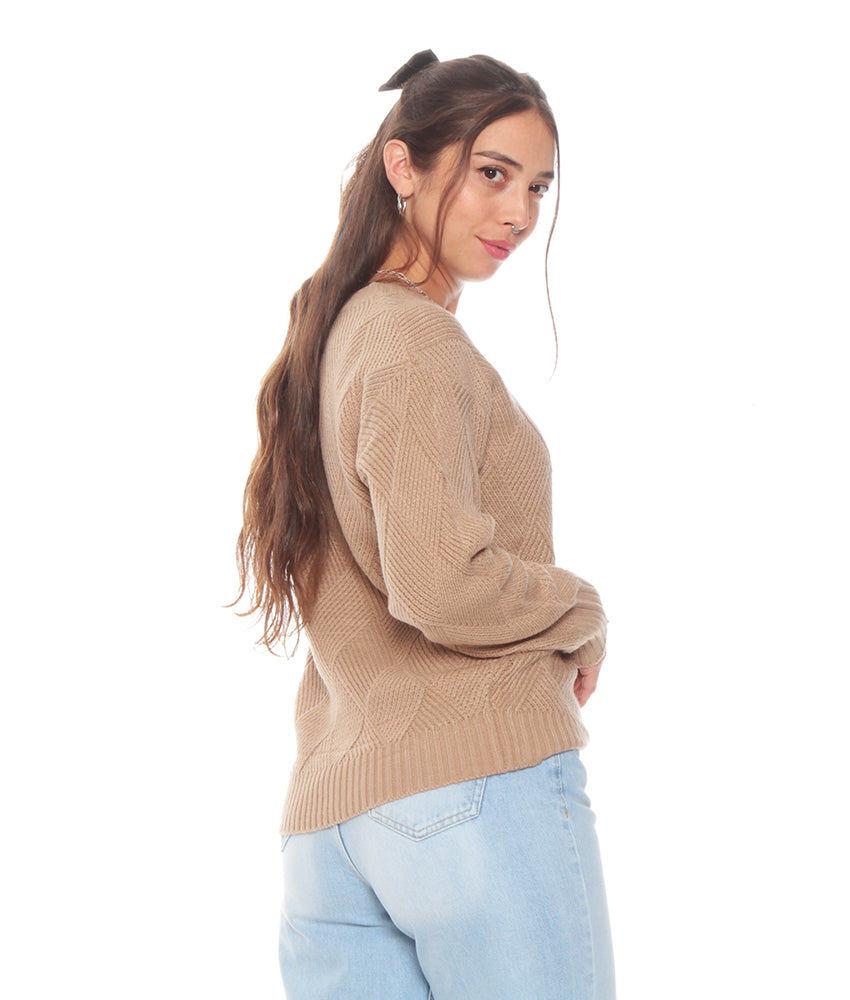 Sweater Mujer Escote Redondo Manga Larga Solido Taupe