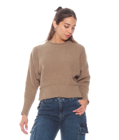 Sweater Mujer Manga Larga Cuello Redondo Solido Avellana