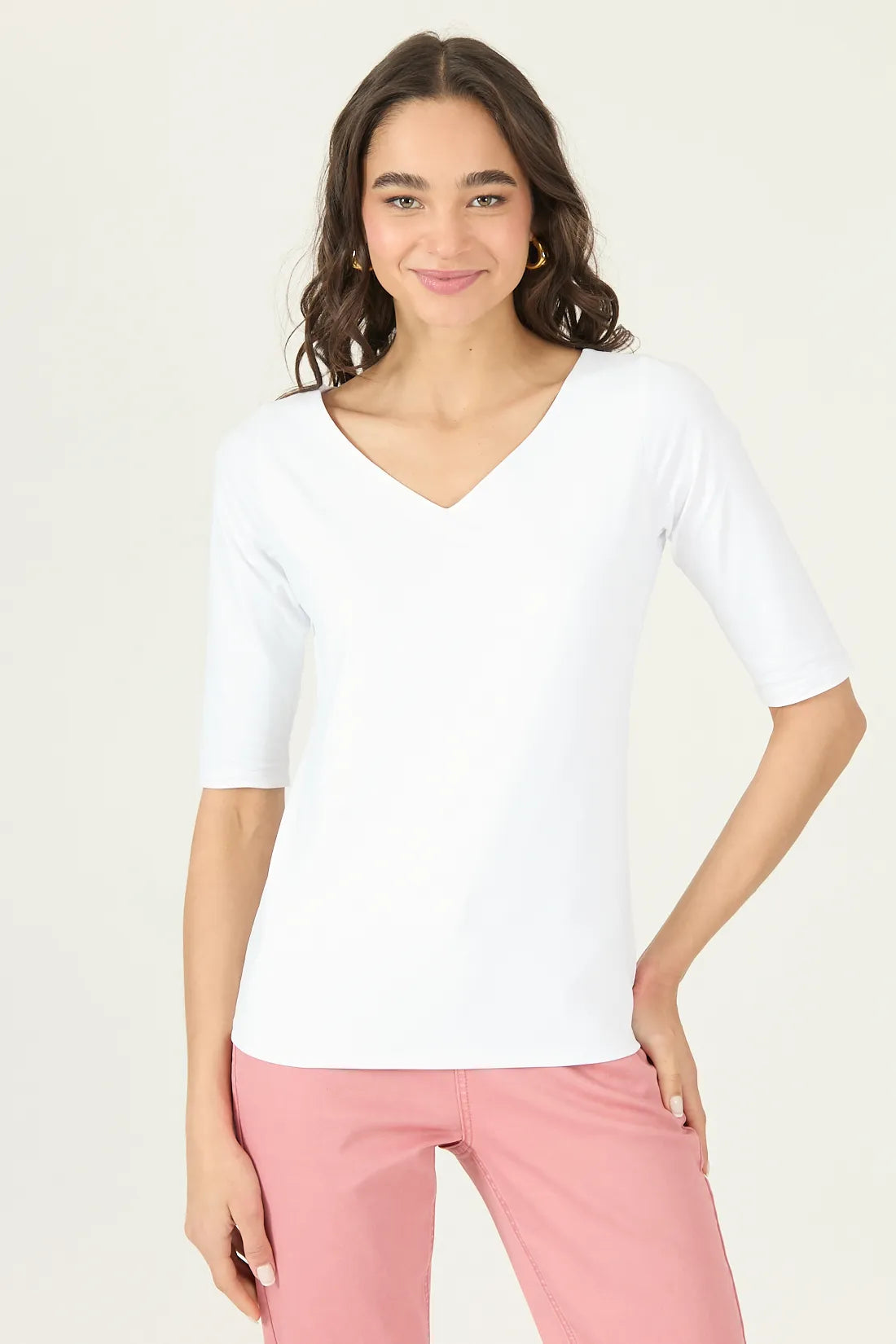 Polera Mujer Manga 3/4 Escote V Blanca