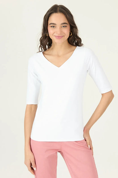 Polera Mujer Manga 3/4 Escote V Blanca