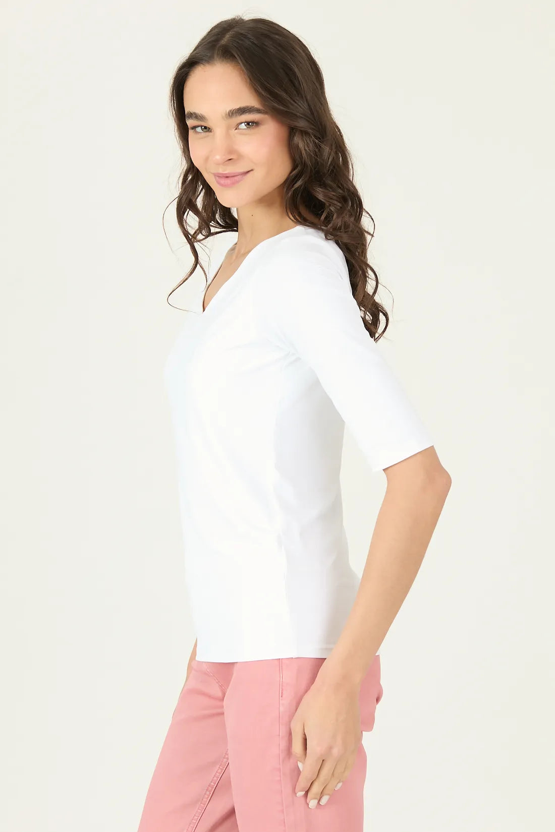 Polera Mujer Manga 3/4 Escote V Blanca