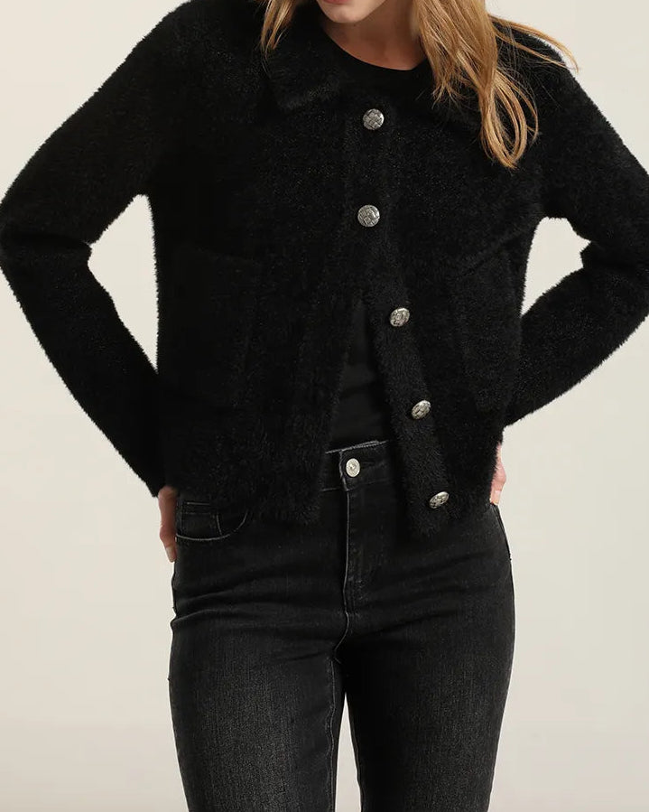 Chaqueta Mujer Punto Hilo Metalizado Negro
