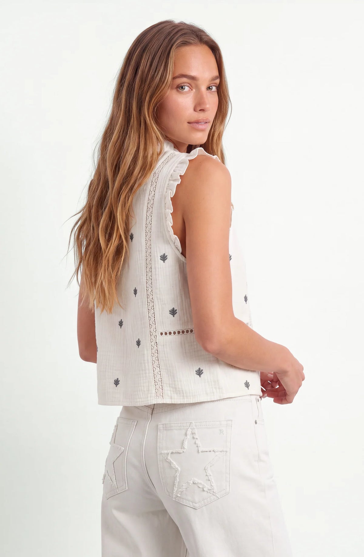 Blusa Sin Manga Mujer Bordada White