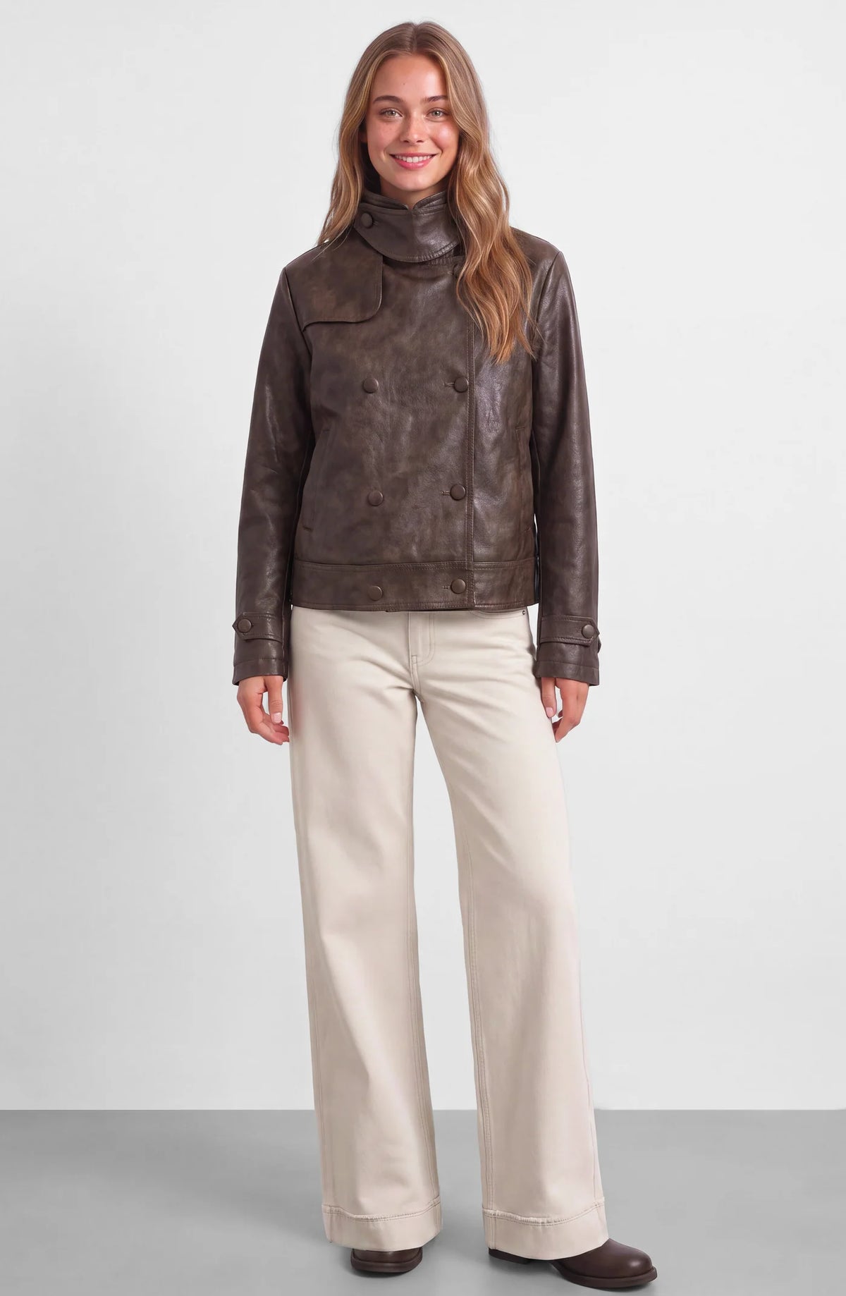 Chaqueta PU Mujer Cuello Funnel Brown