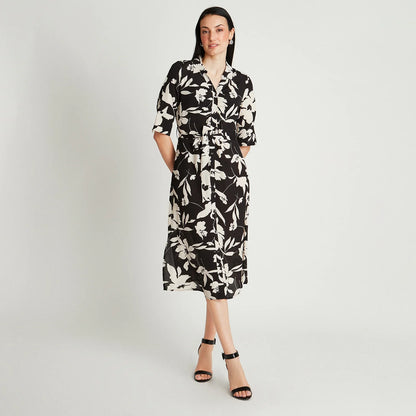vestido-mujer-midi-negro-manga-codo-estampado-cuello-camisero
