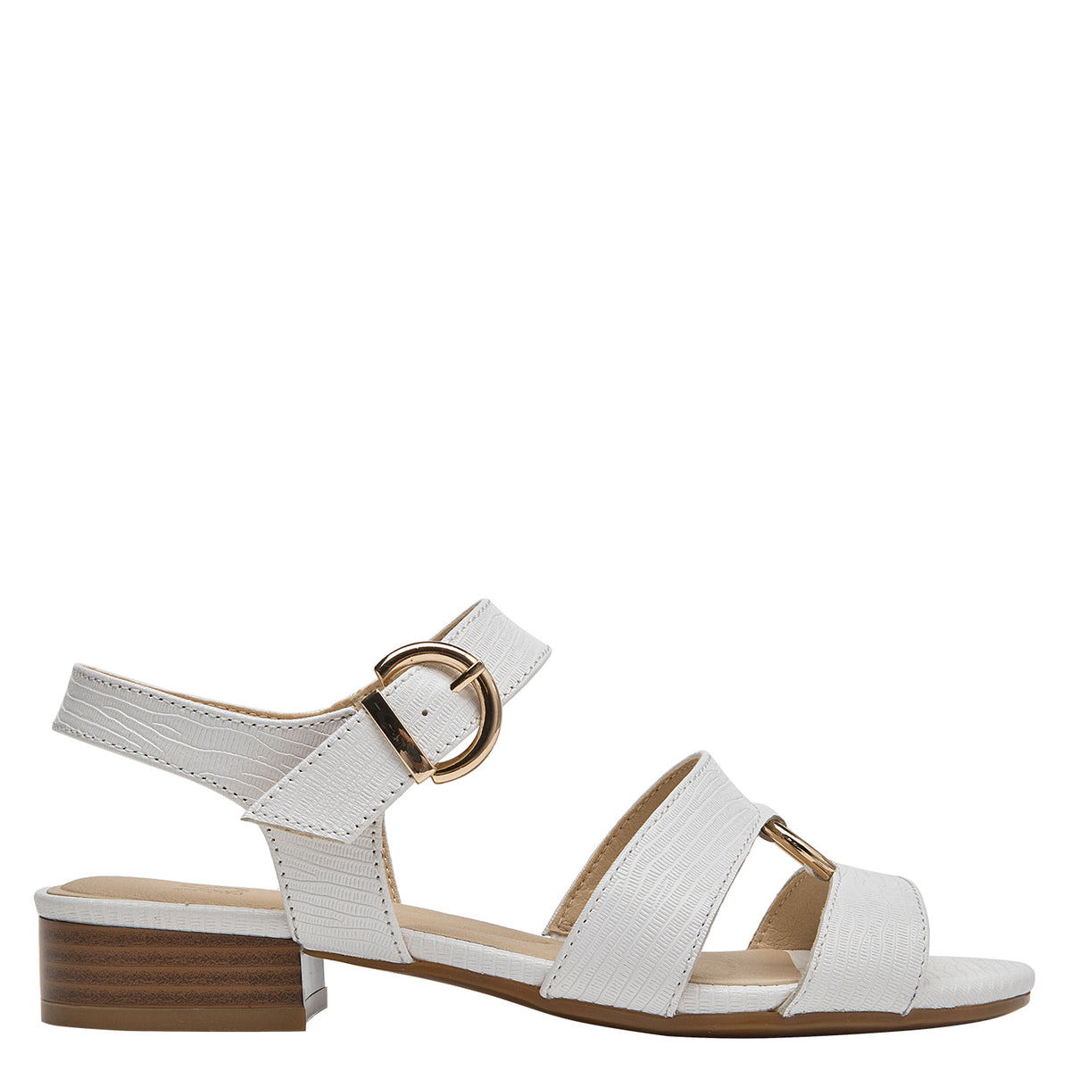 Sandalia Mujer Con Hebilla Dorada Cuero Blanco