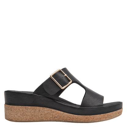 Sandalia Mujer Con Hebilla Dorada Cuero Negro
