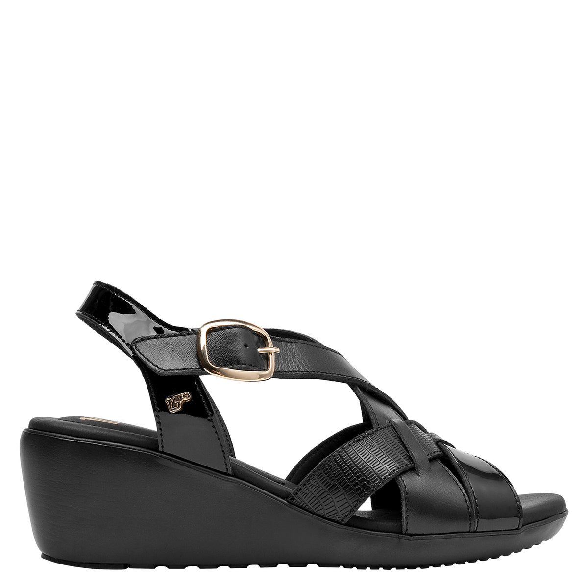 Sandalia Mujer Cuero Con Hebilla Dorada Negro