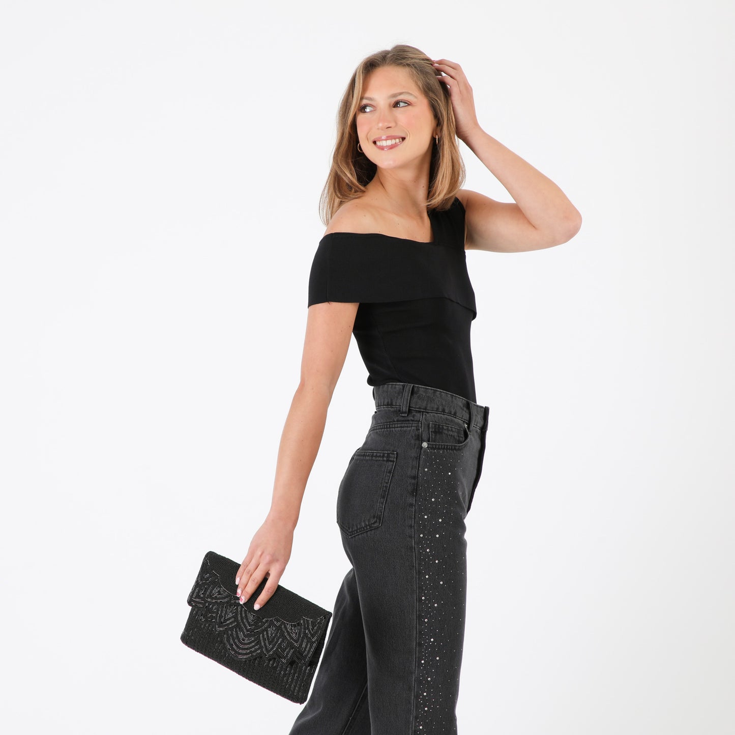 Cartera De Fiesta Mostacilla Abanico Negro