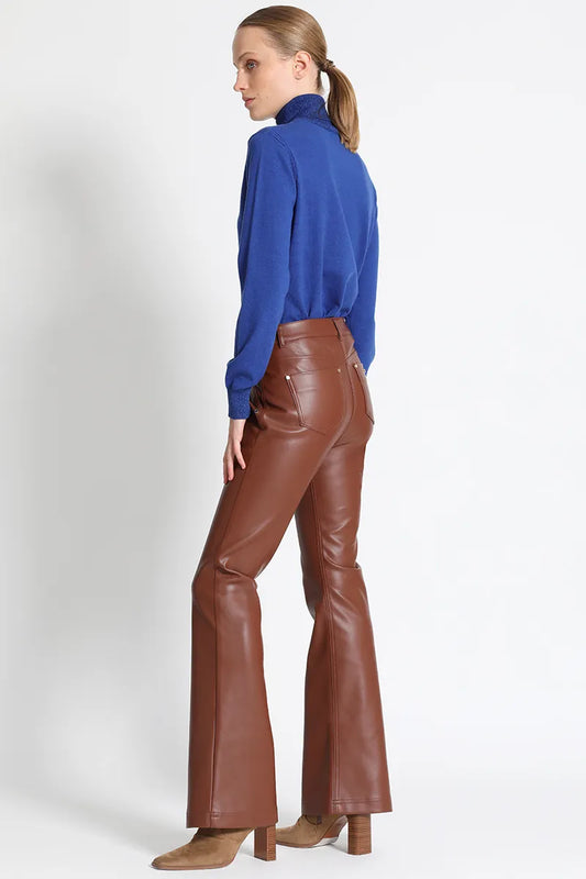 Pantalón Mujer Flare Tiro Medio Efecto, Cuero Chocolate Liola