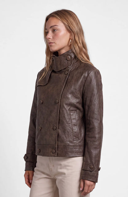 Chaqueta PU Mujer Cuello Funnel Brown