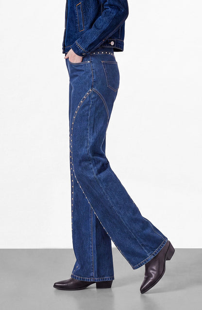 Pantalón Mujer Cortes Tachas Blue