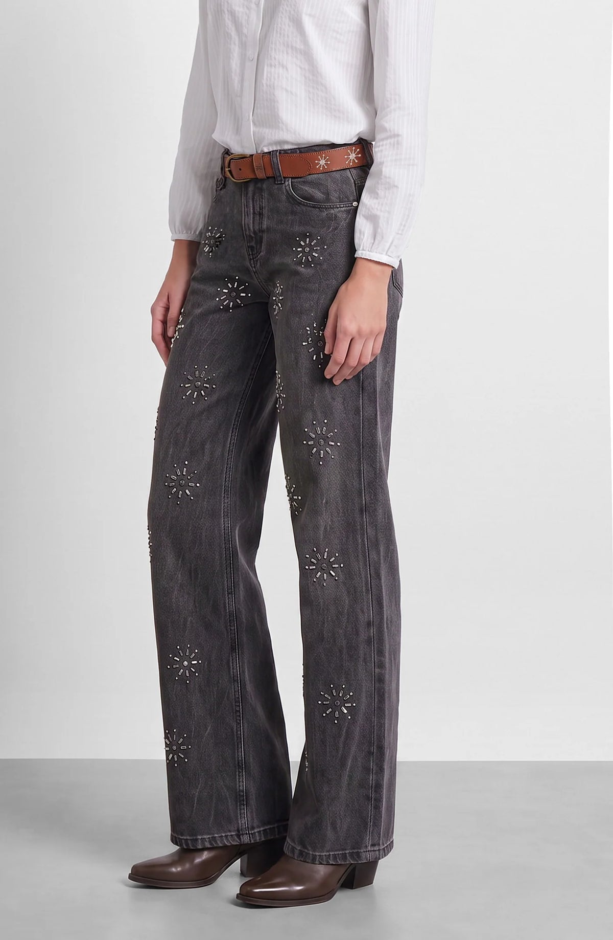 Pantalón Mujer Flores Brillos Grey