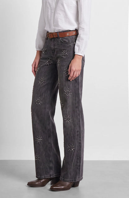 Pantalón Mujer Flores Brillos Grey