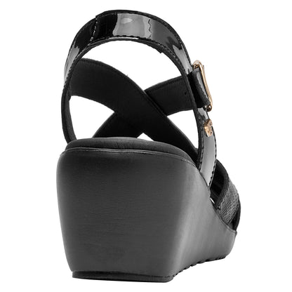 Sandalia Mujer Cuero Con Hebilla Dorada Negro
