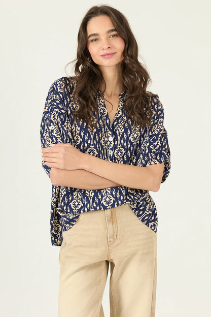 Blusa Mujer Manga Corta Cuello Mao Azul