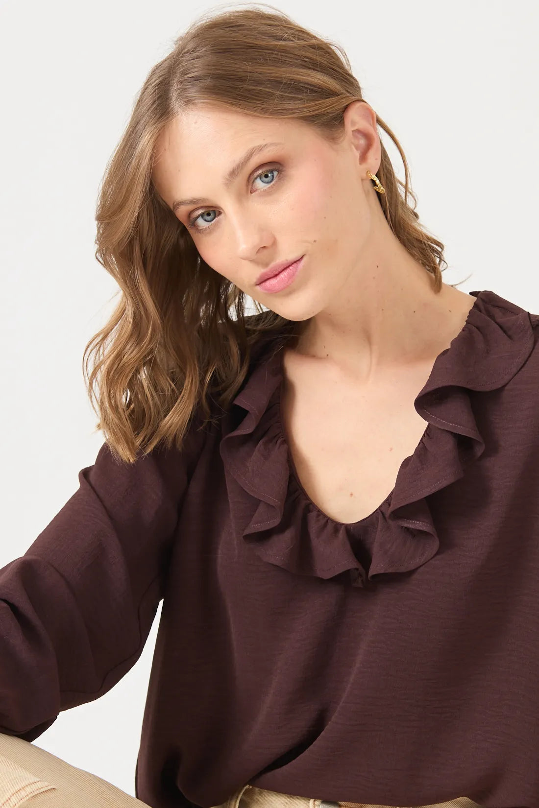 Blusa Mujer Cuello en V Café Moro