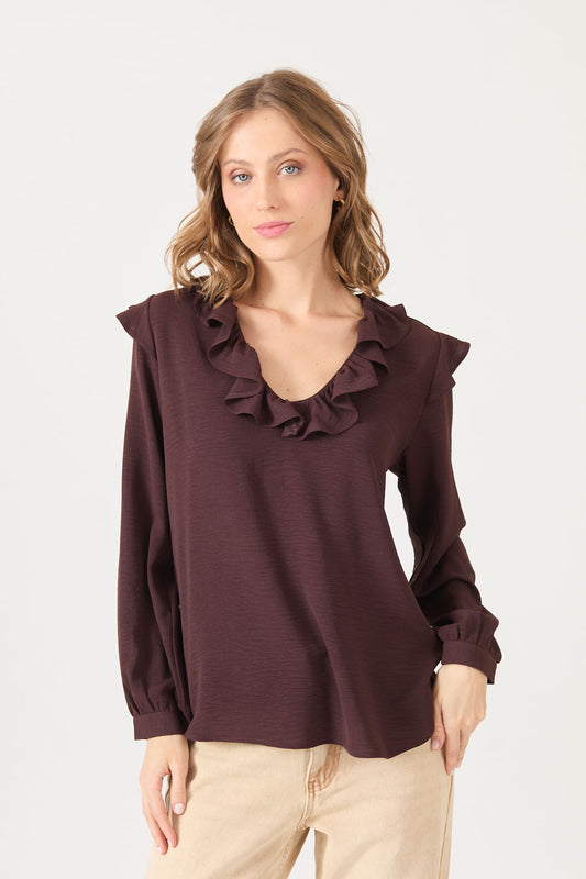 Blusa Mujer Cuello en V Café Moro