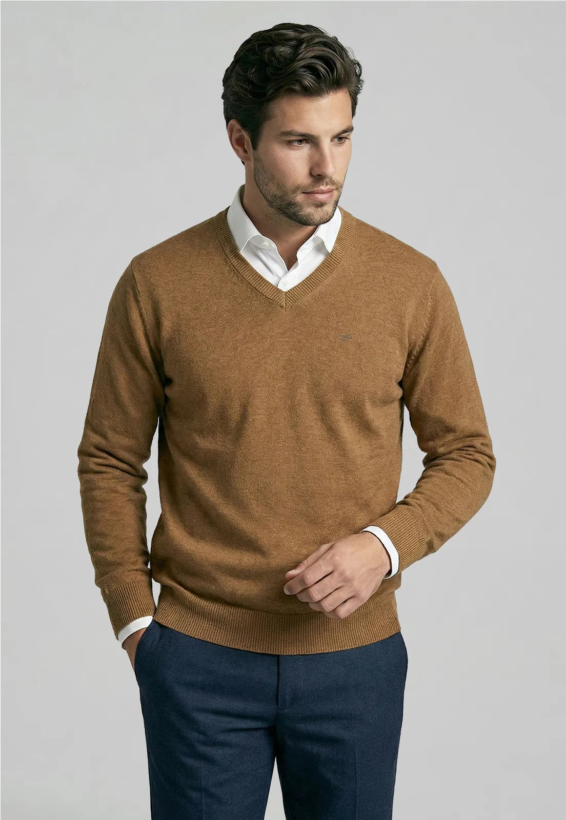 Sweater Hombre Atlanta V-Neck Lt Camel Melange