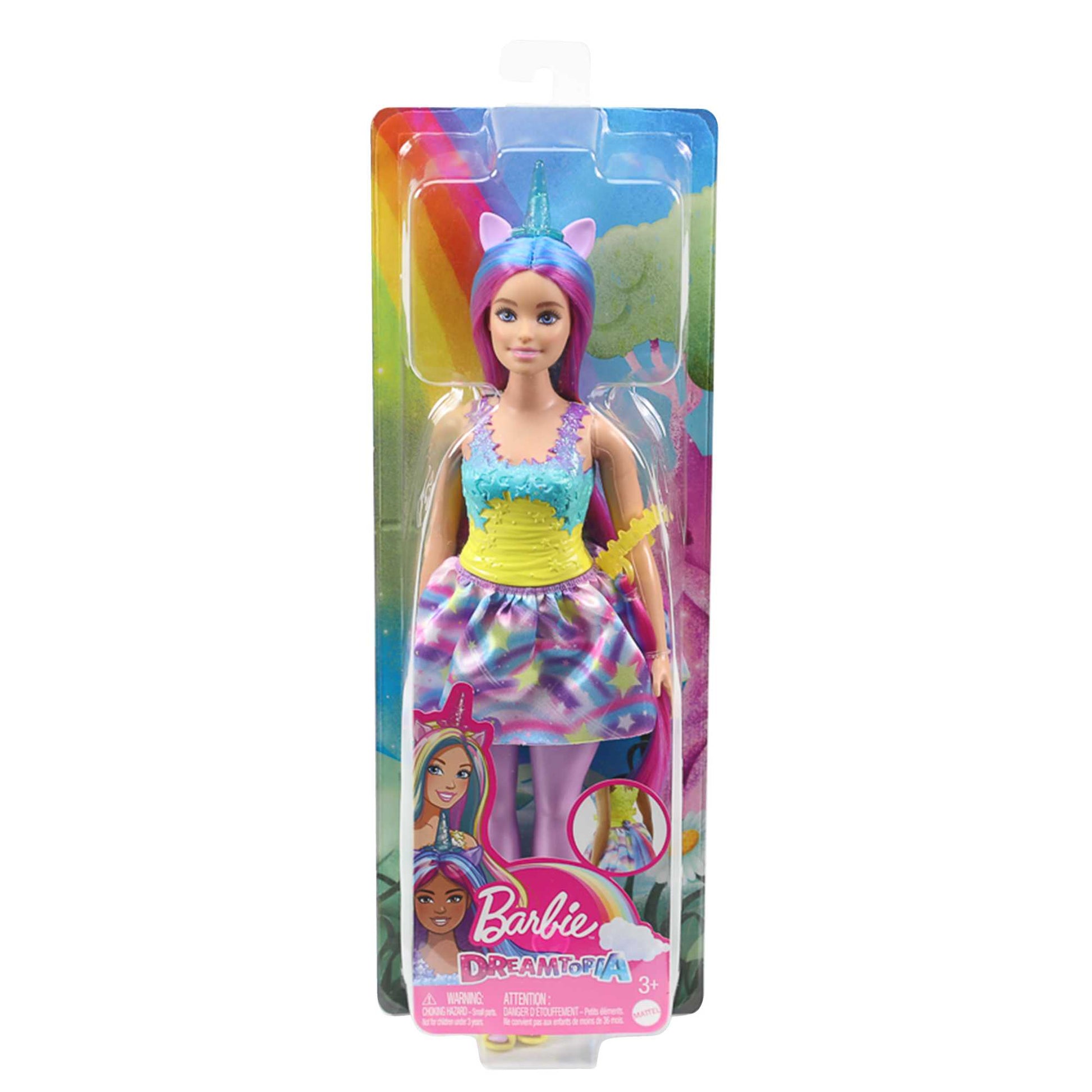 Barbie Dreamtopia - Muñeca de unicornio (pelo rosa y amarillo), con falda,  cola de unicornio extraíble y diadema, juguete para niños a partir de 3