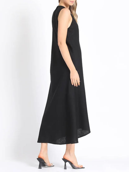 Vestido Mujer Halter Maxi Sesgado Lino Mix Negro