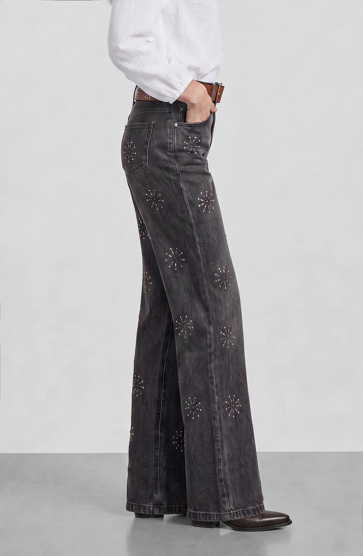 Pantalón Mujer Flores Brillos Grey