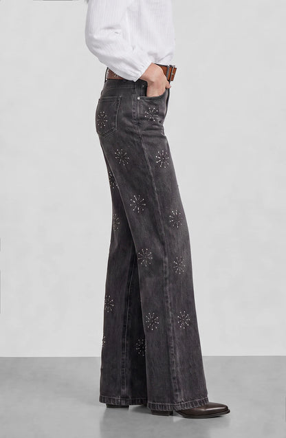Pantalón Mujer Flores Brillos Grey