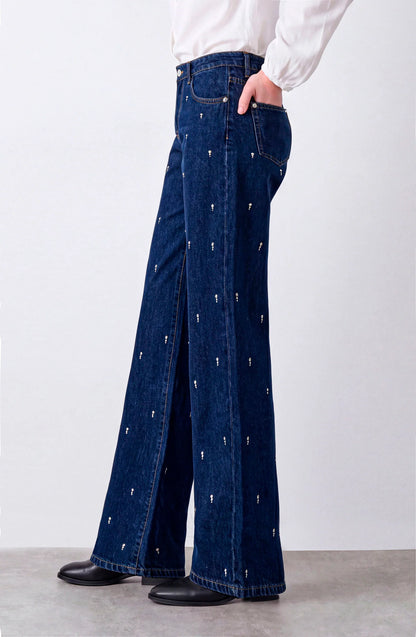 Pantalón Mujer Gotas Strass Indigo