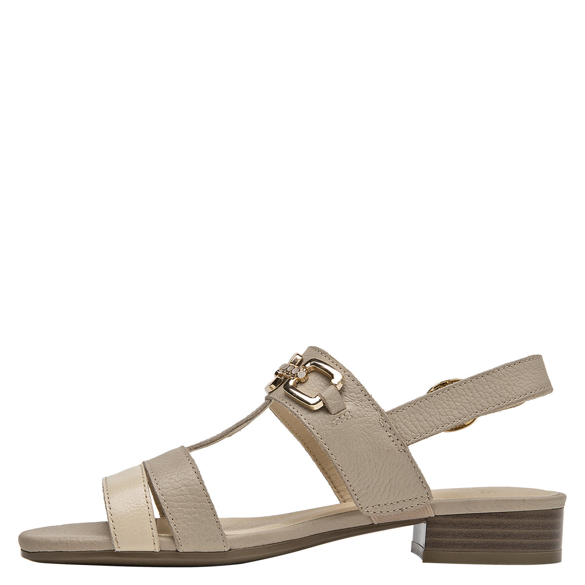 Sandalia Mujer Con Hebilla Dorada Cuero Beige