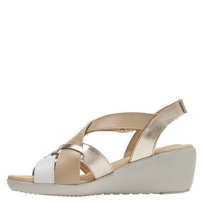 Sandalia Mujer Cuero Con Hebilla Dorada Beige