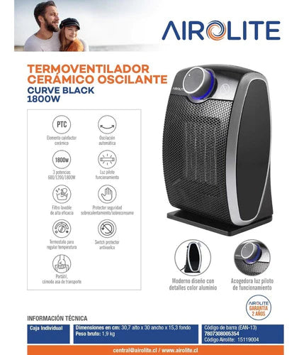 Termoventilador Ceramico Oscilante Curve Black Airolite