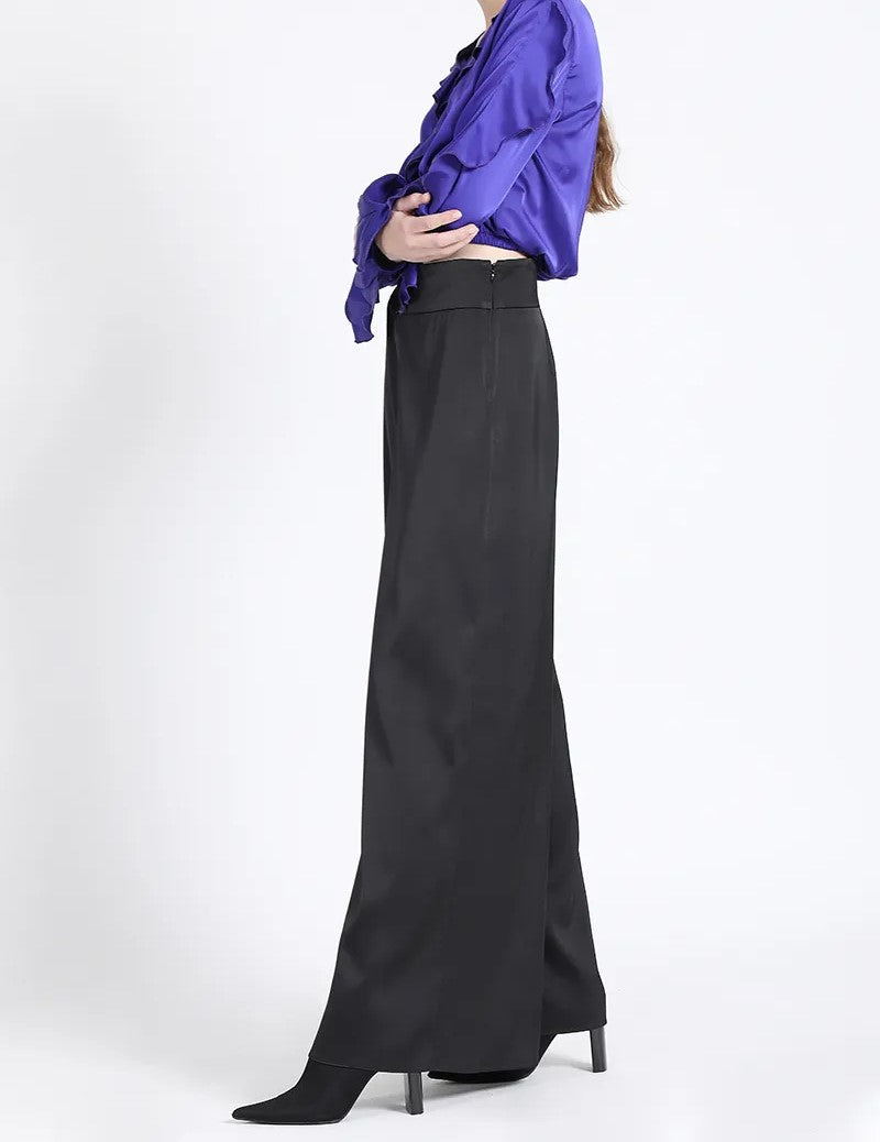 Pantalón Mujer Ancho Tiro Alto, Satin Negro