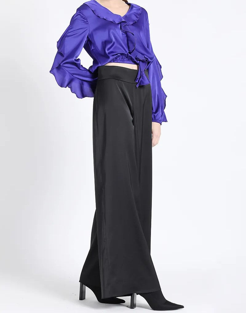 Pantalón Mujer Ancho Tiro Alto, Satin Negro